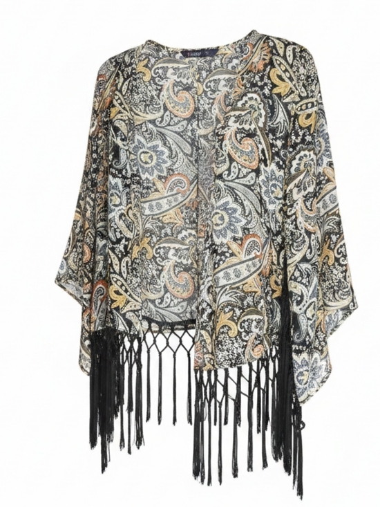 Hanger 221 Jackets & Blazers - Hanger 221 Paisley Fringe Open-Front Kimono Jacket - Black Multi